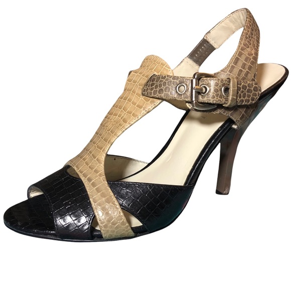 NINE WEST Hammer Croc Texture Slingback Peeptoe Tri-Color Heels Sz 5 - Picture 2 of 9